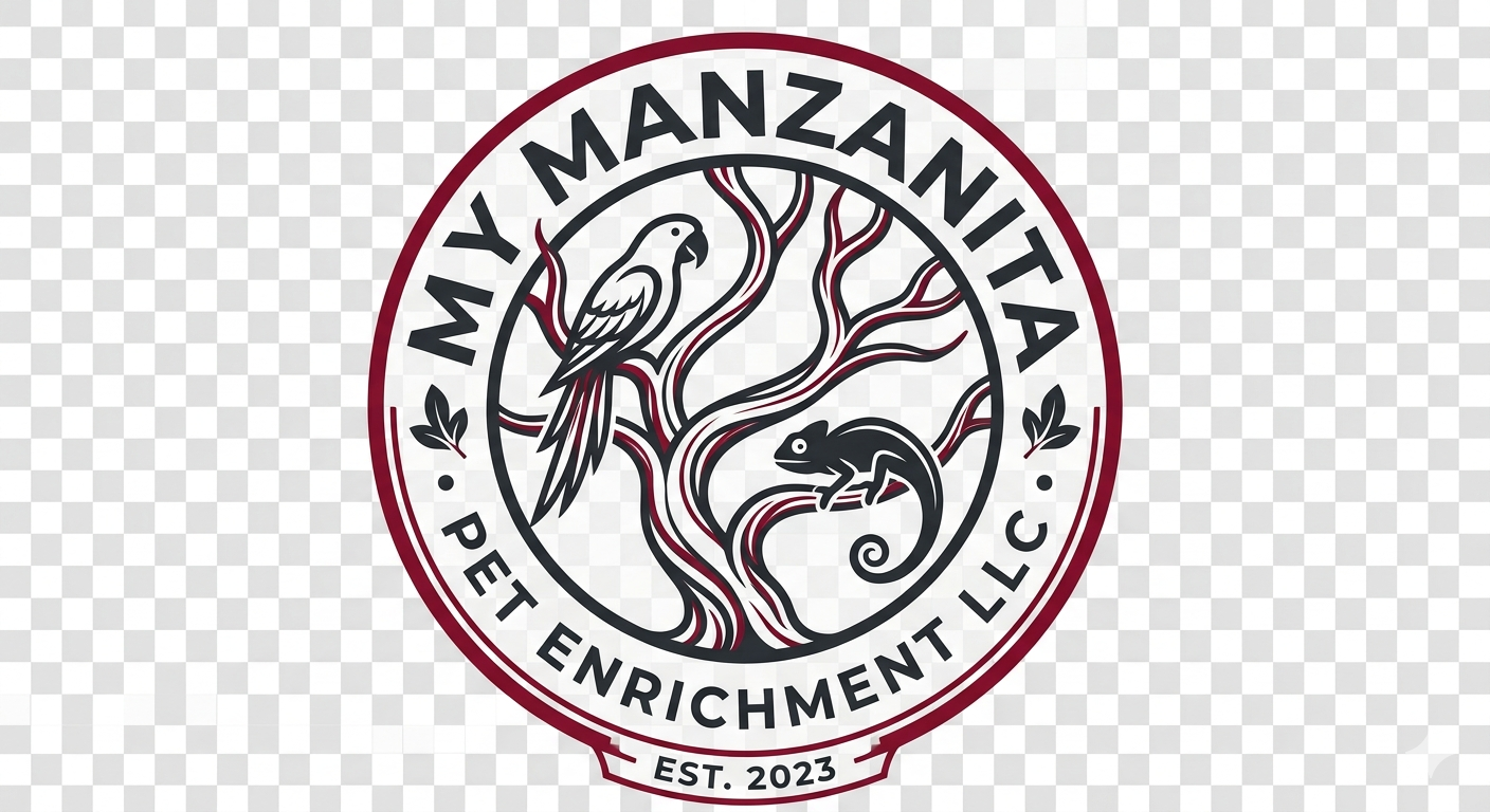 My Manzanita Pet Enrichment LLC Logo featuring a Manzanita tree with a Parrot and Chameleon